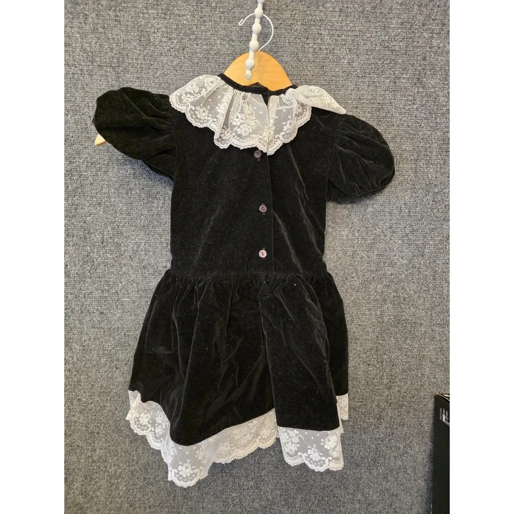 Vtg Jo Lene Dress Girls 4T Black Velvet Lace Collar Puff Sleeve‎ Party USA